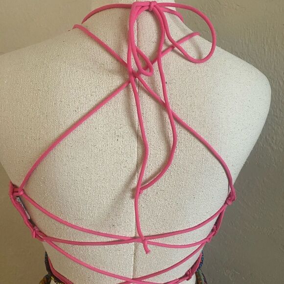 Adioli Lace Up Back Halter Top Shorts set Multicolored Crochet Look Sz M - Picture 7 of 10